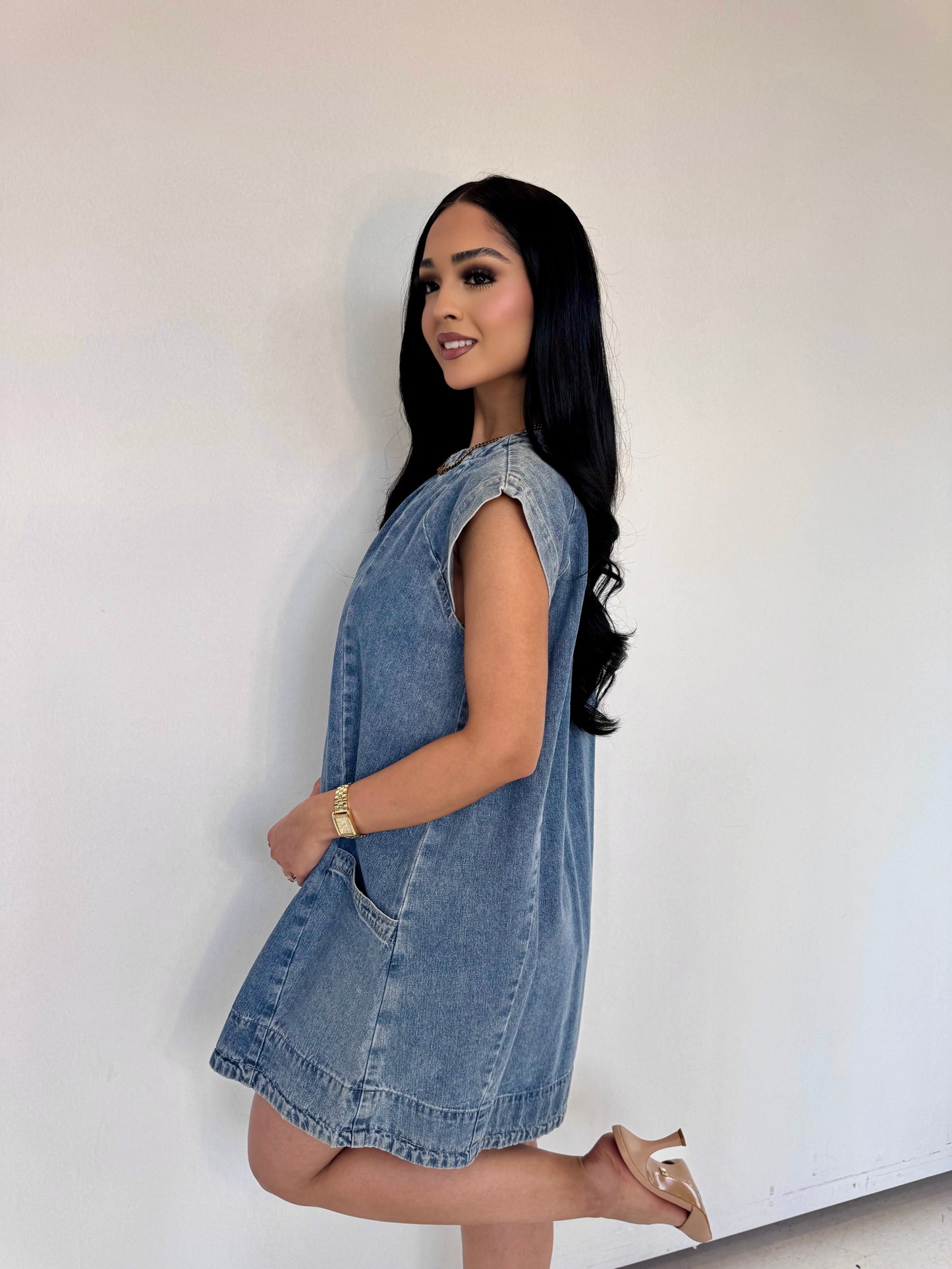 Denim pleated mini dress