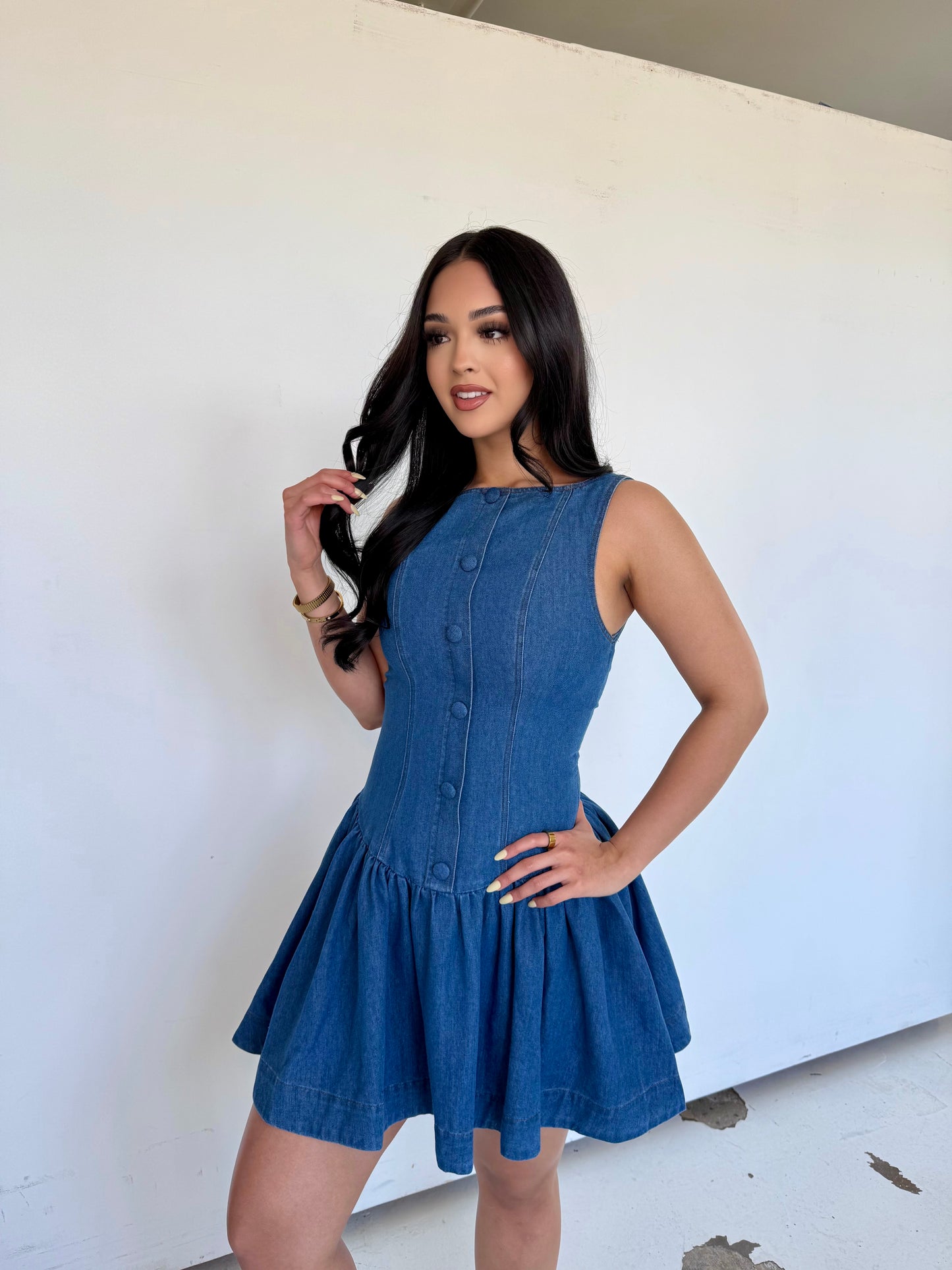 Indigo denim low waist mini dress