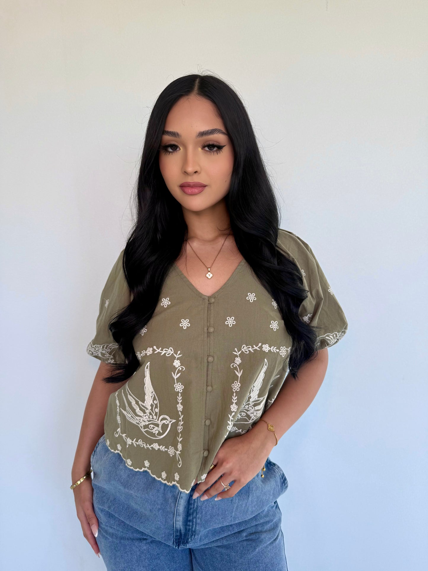 Frankie olive puff blouse