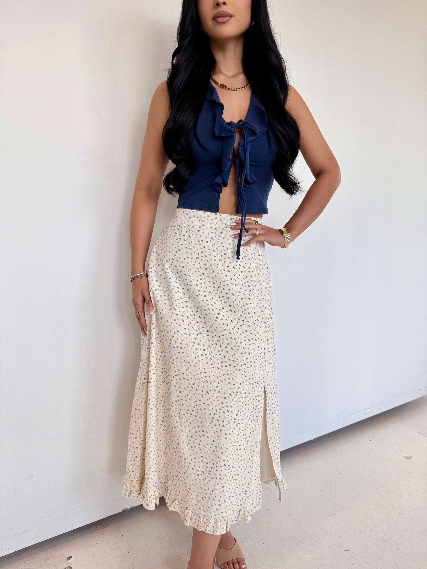 Cream blue midi skirt