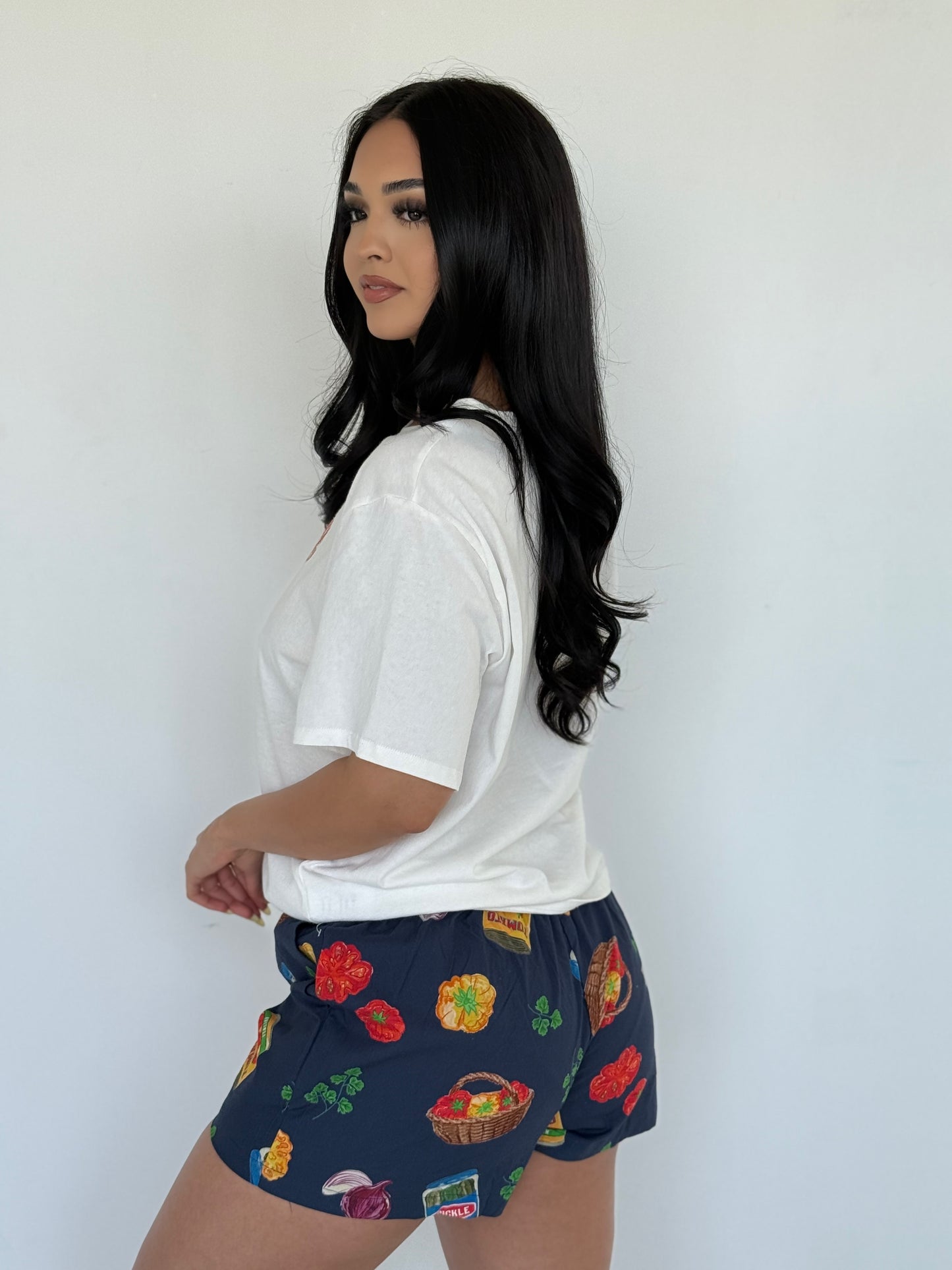 Grocery print blue shorts