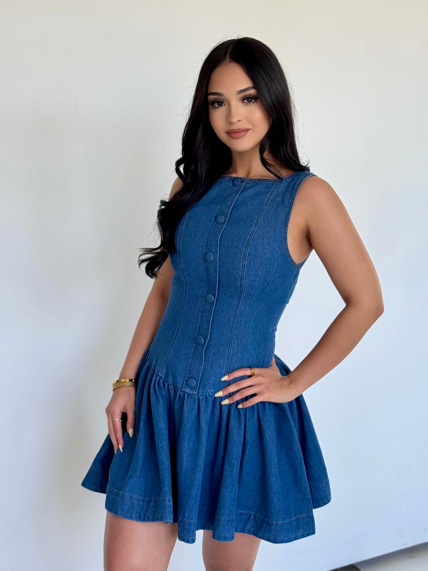 Indigo denim low waist mini dress