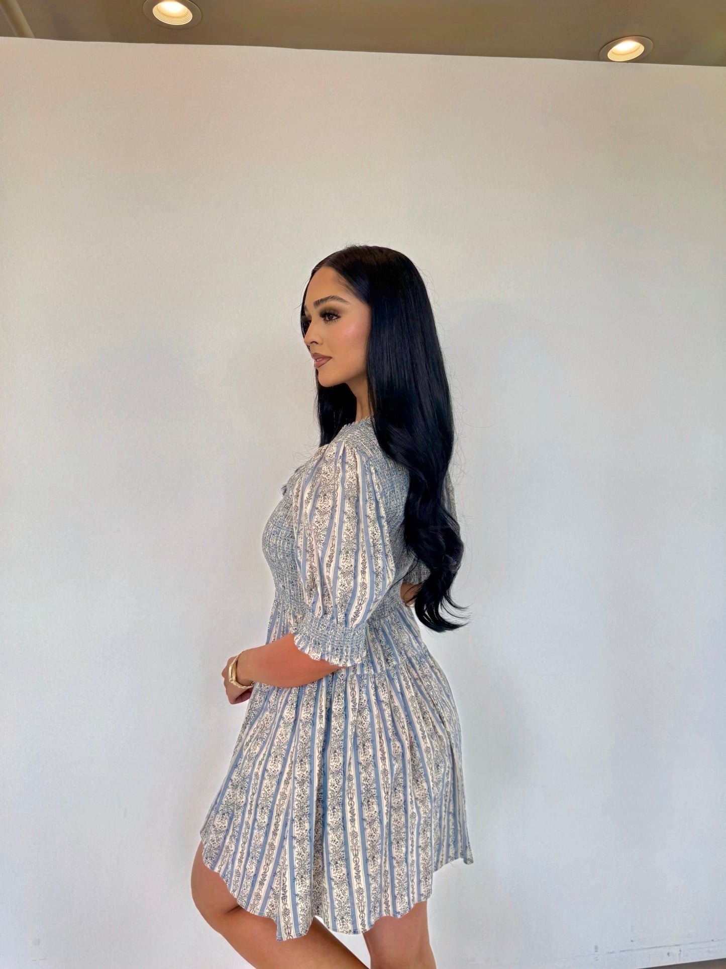 Smocked blue mini dress