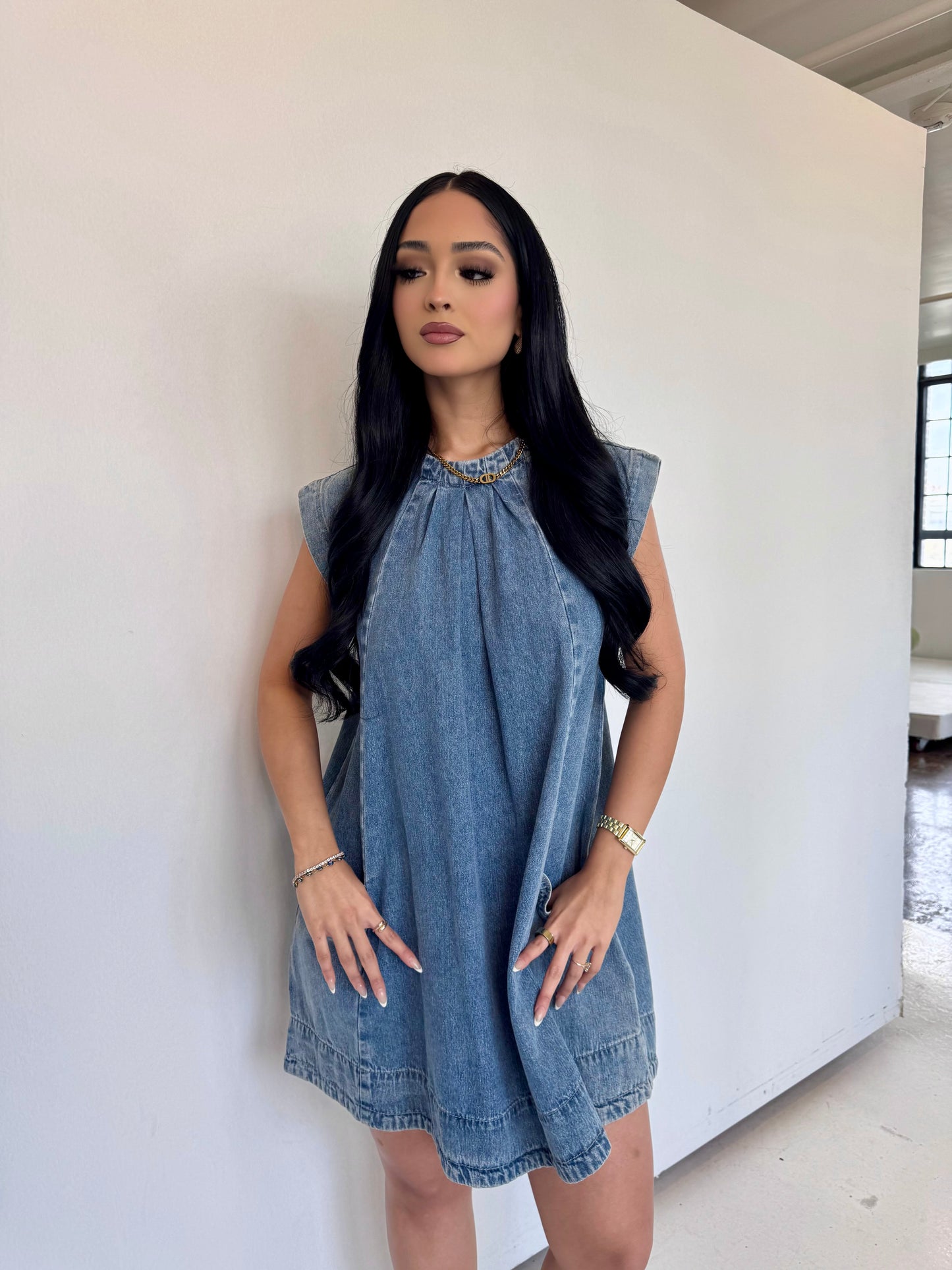 Denim pleated mini dress