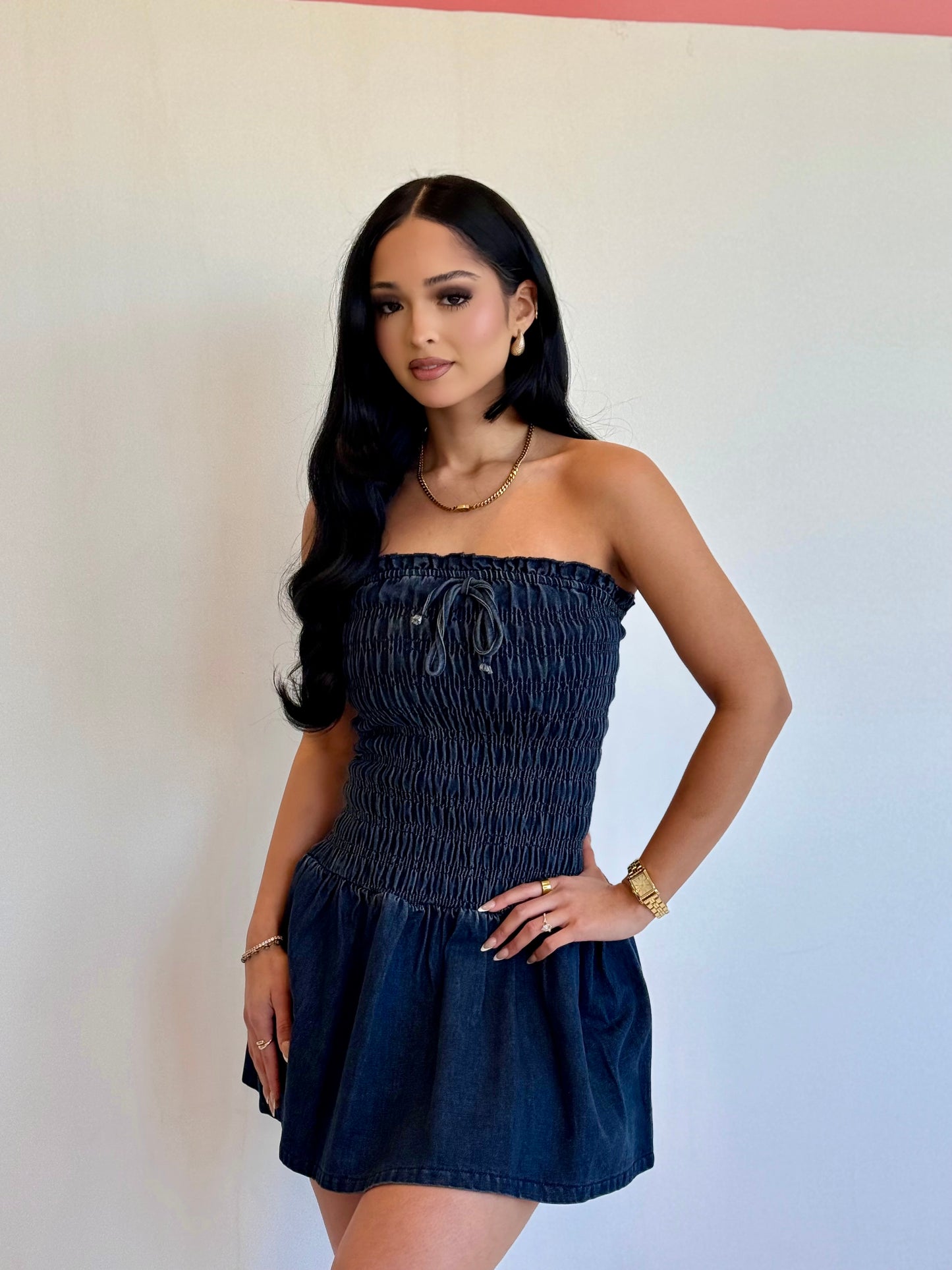 Smocking denim tube dress