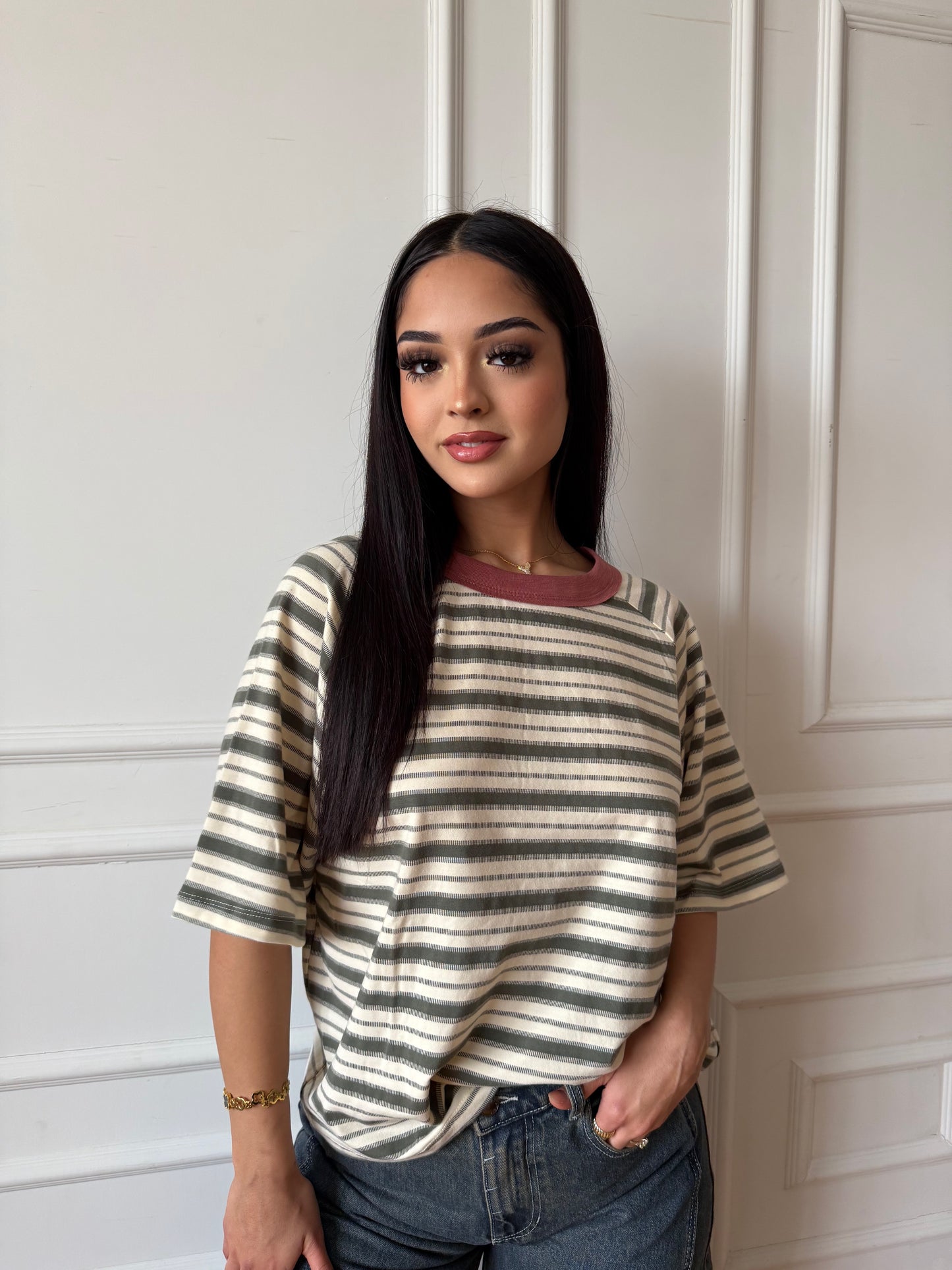 Anna rose green stripe top