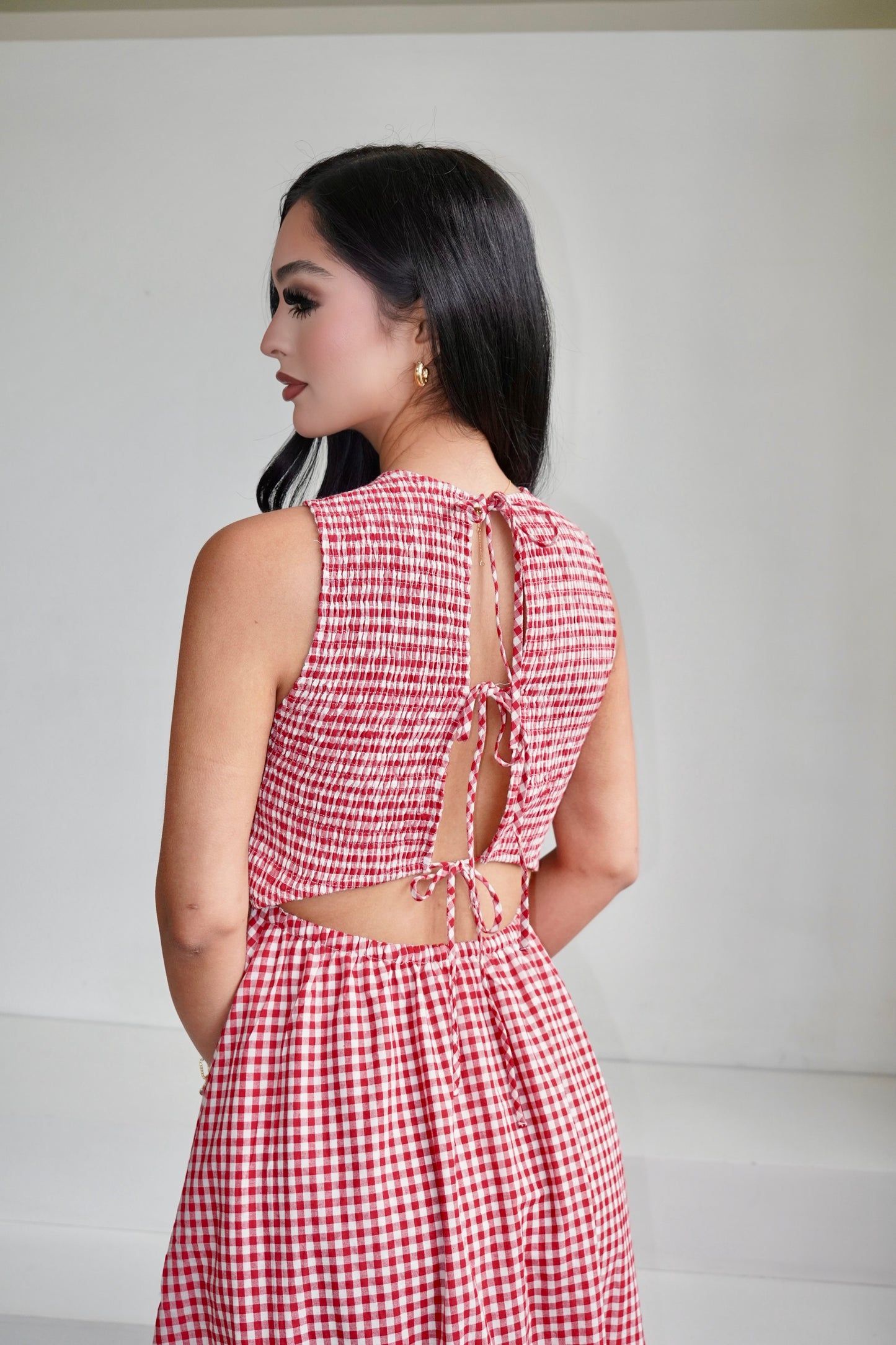 Red gingham midi dress