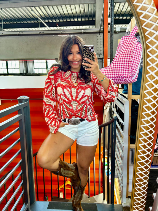 boho contrast rust crochet top