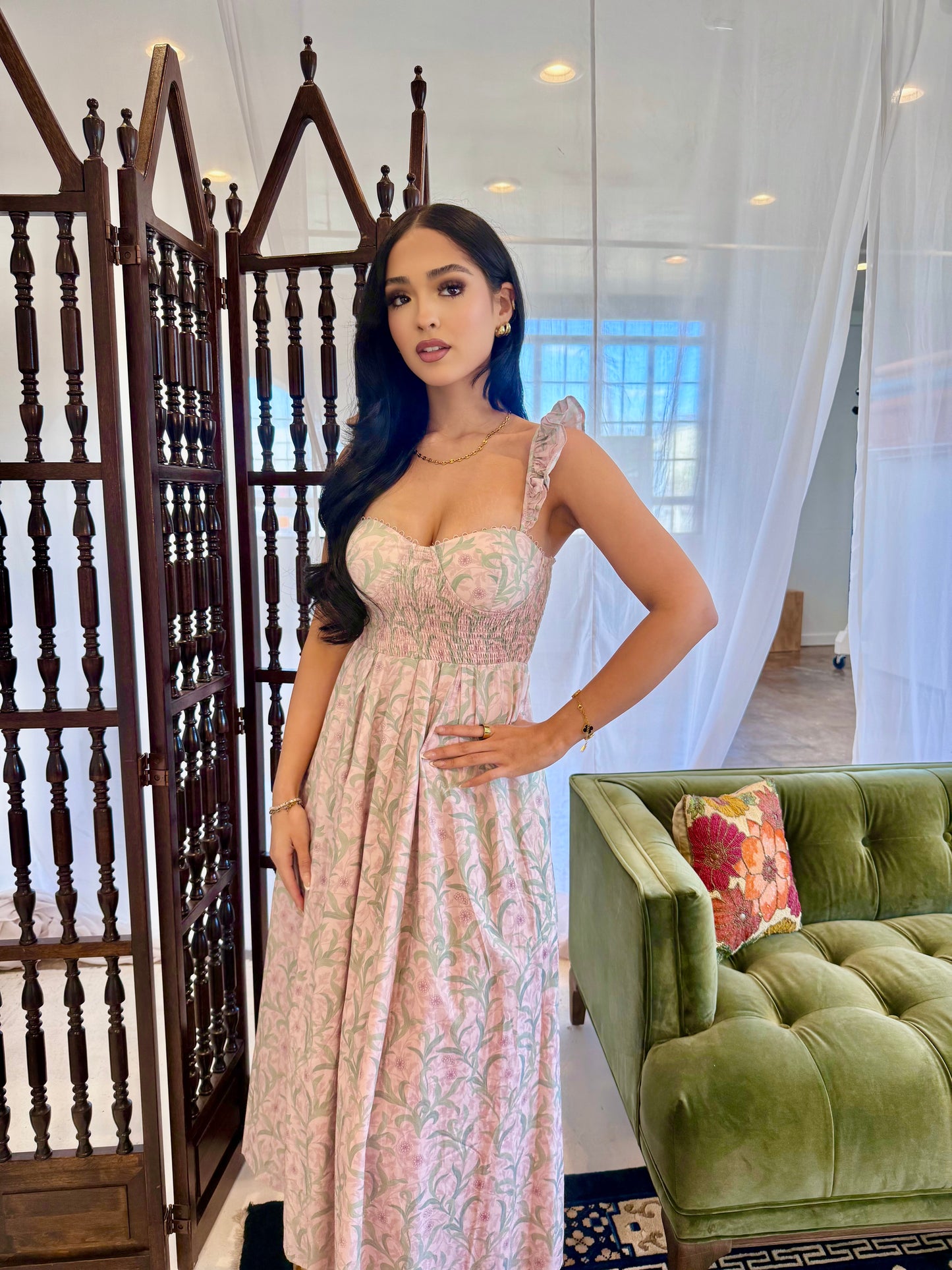 Pink corset ruffle midi dress