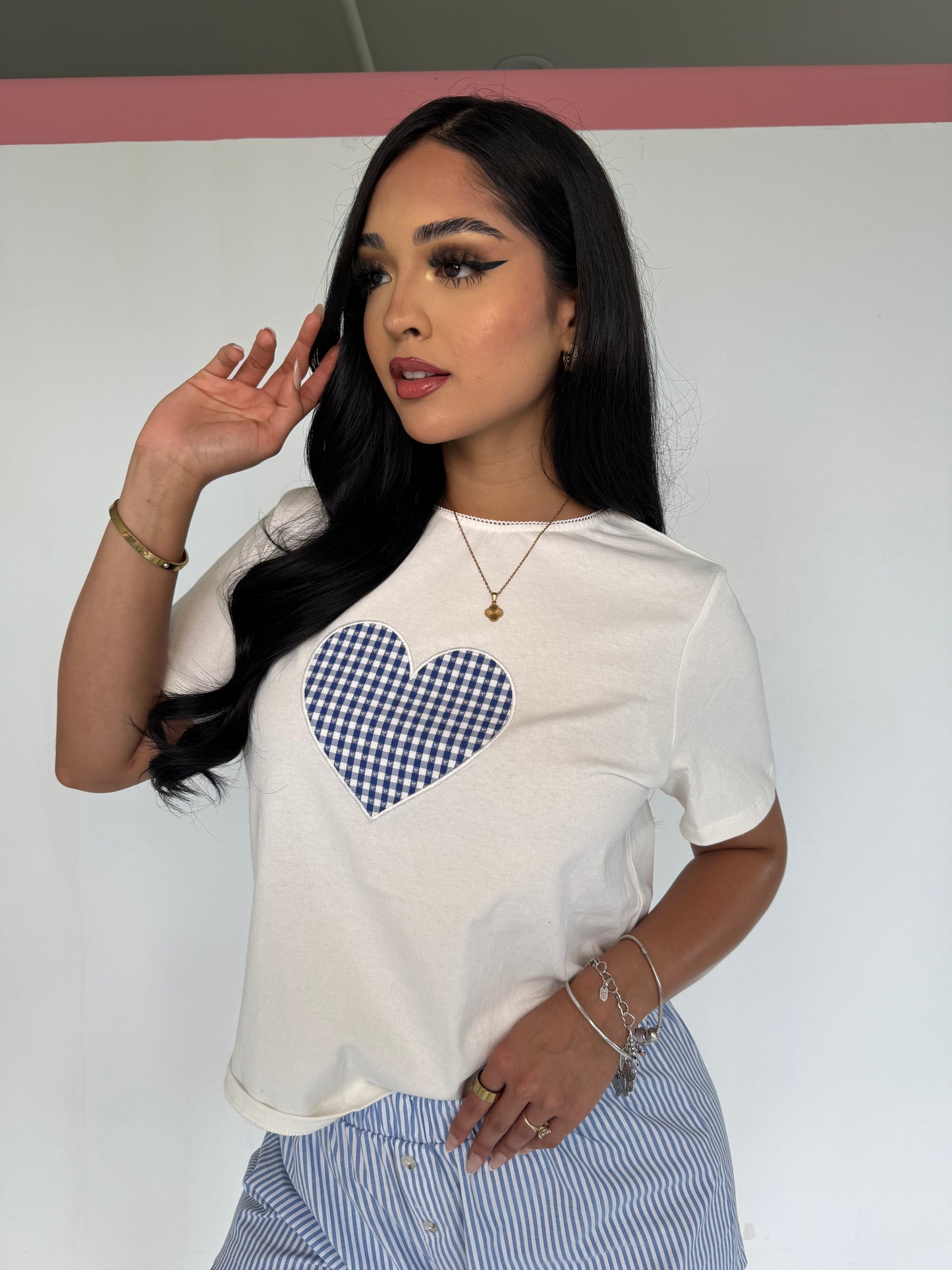 Gingham blue heart tee
