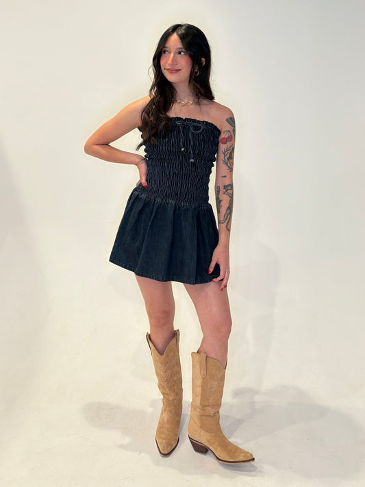 Smocking denim tube dress