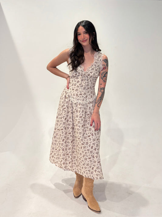 Lovers patch cream / brown midi dress