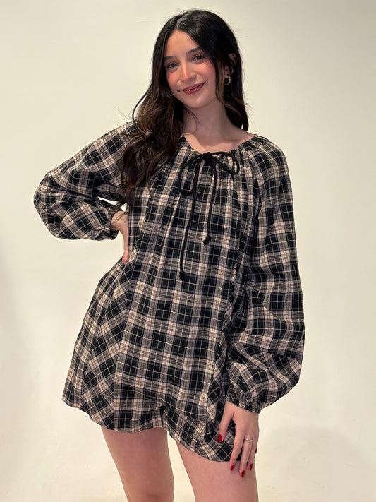Black beige plaid romper