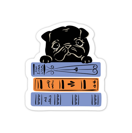 Black Pug Dog & Books Vinyl Sticker