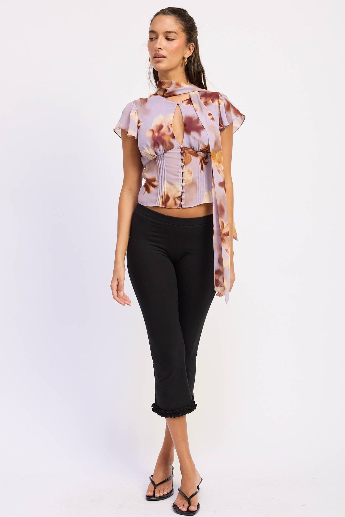 FLUTTER SLEEVE BUTTON FRONT SCARF BLOUSE