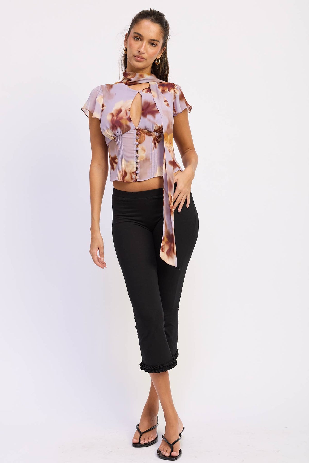 FLUTTER SLEEVE BUTTON FRONT SCARF BLOUSE